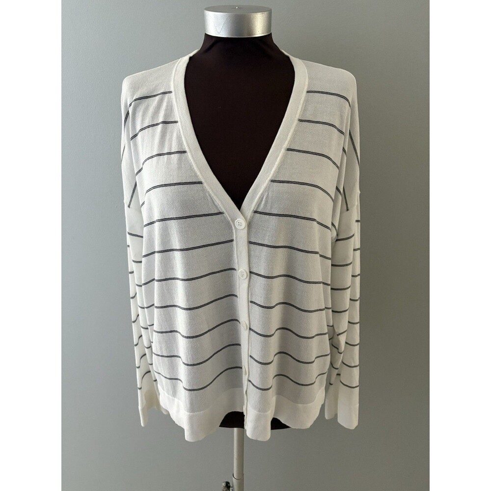 Eileen Fisher Cardigan Womens Small White Striped Oversized Lightweight Nautical